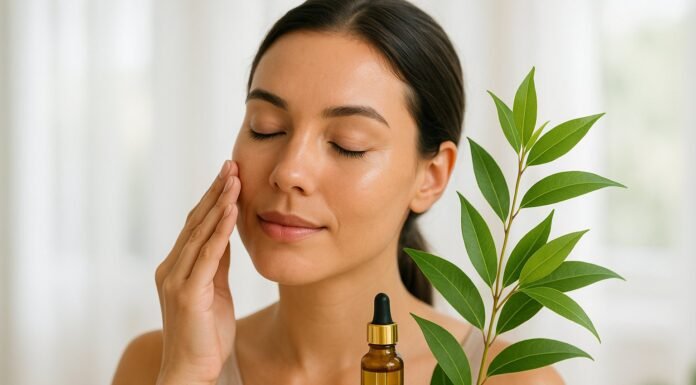 Lemon Myrtle for Skin Irritation and Acne Woman with lemon myrtle branches, while using lemon myrtle oil on her face
