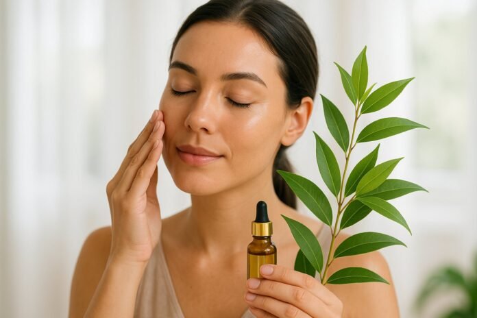 Woman with lemon myrtle branches, while using lemon myrtle oil on her face