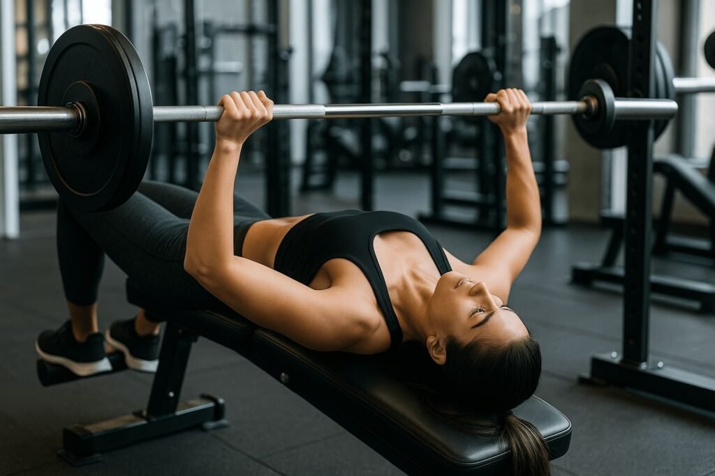 Fit woman performing a decline bench press with a barbell in a modern gym.