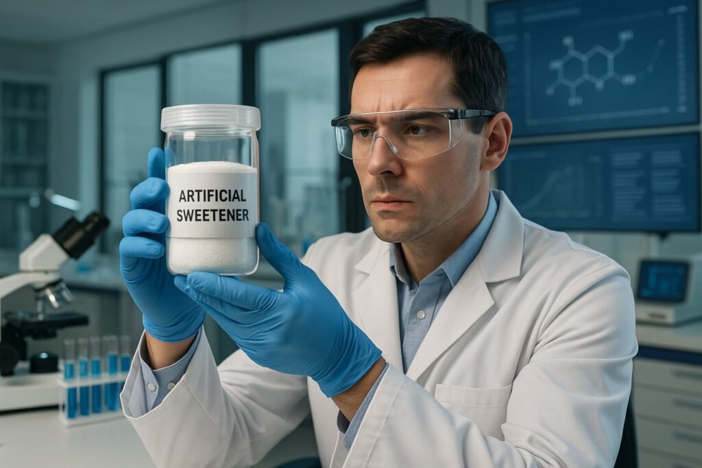 A scientist in a laboratory examining a container of artificial sweetener with scientific equipment and charts in the background.