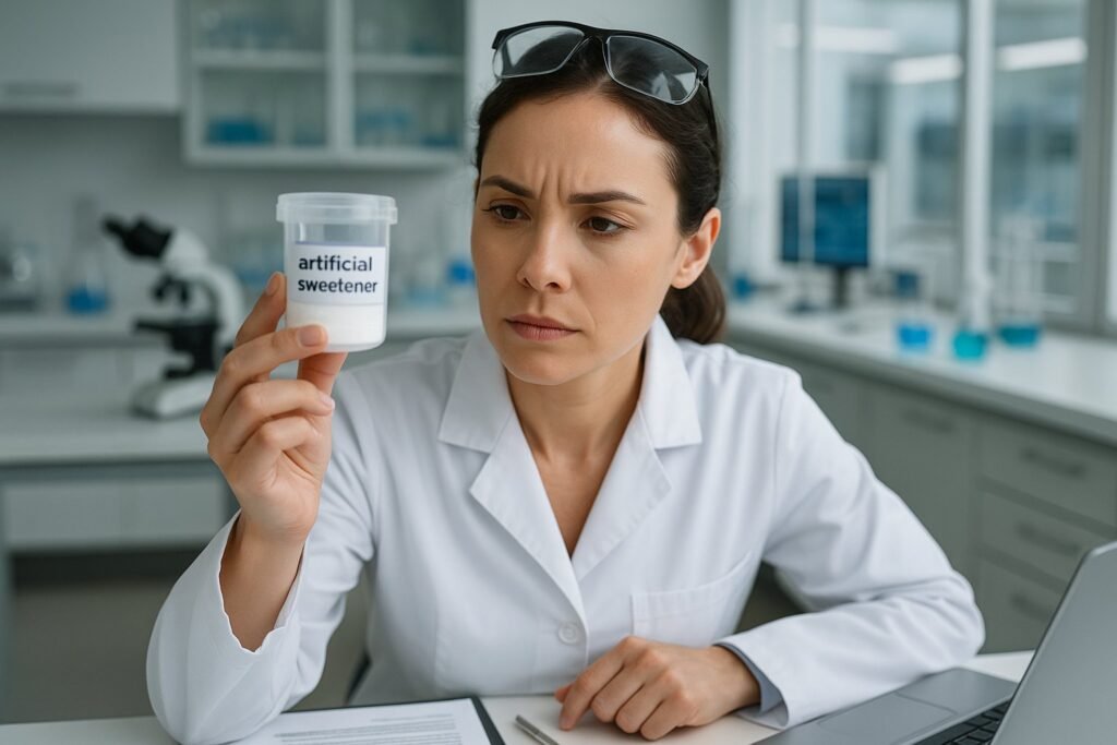 A female scientist in a lab coat examining a container of artificial sweetener in a modern laboratory setting with safety documents and scientific equipment on the desk.