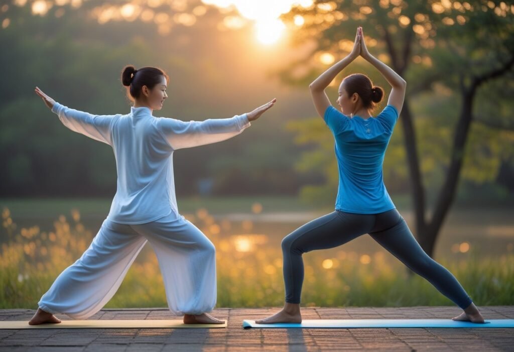Tai Chi or Yoga? two people vs each other one doing a tai chi pose the other doing a yoga pose