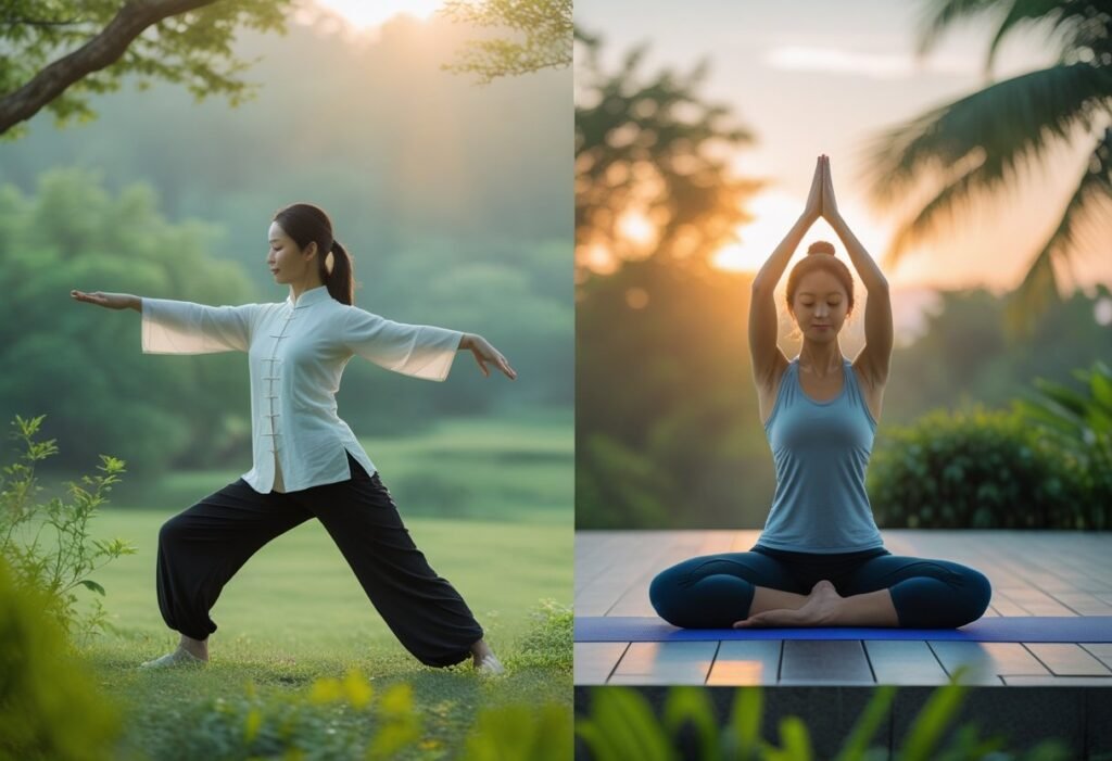 woman on left doing tai chi. woman on right doing yoga