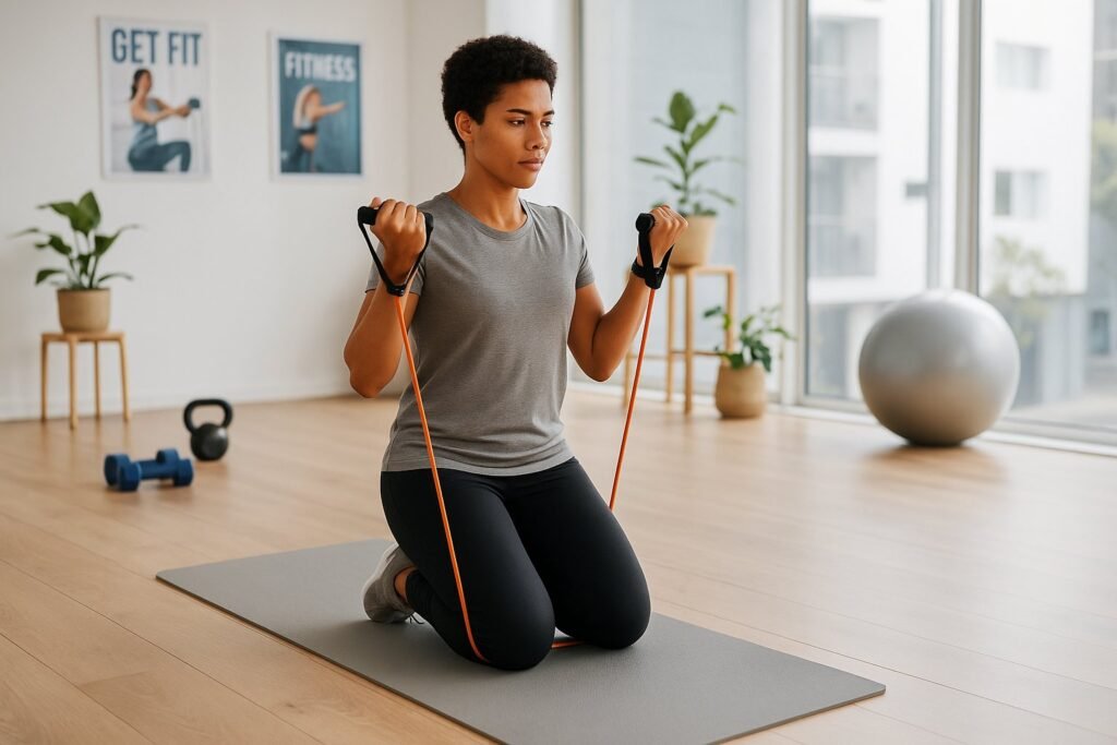 A person exercising with resistance bands on a yoga mat in a bright workout space with fitness equipment around.