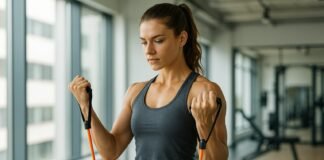 The Ultimate Resistance Band Routine for Arms and Legs woman bicep curling resistance bands