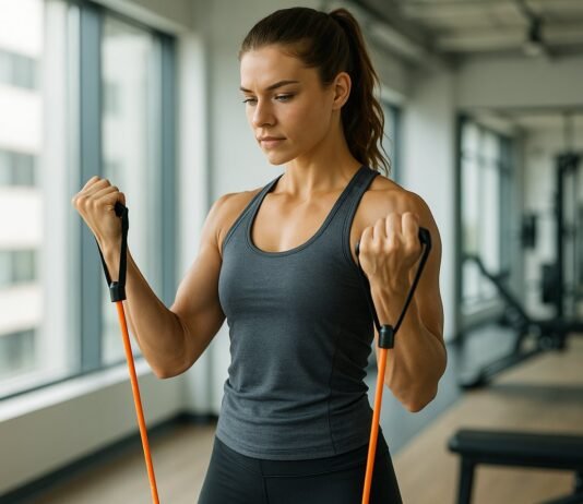 The Ultimate Resistance Band Routine for Arms and Legs woman bicep curling resistance bands