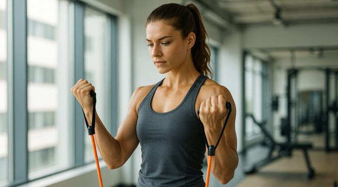 The Ultimate Resistance Band Routine for Arms and Legs woman bicep curling resistance bands
