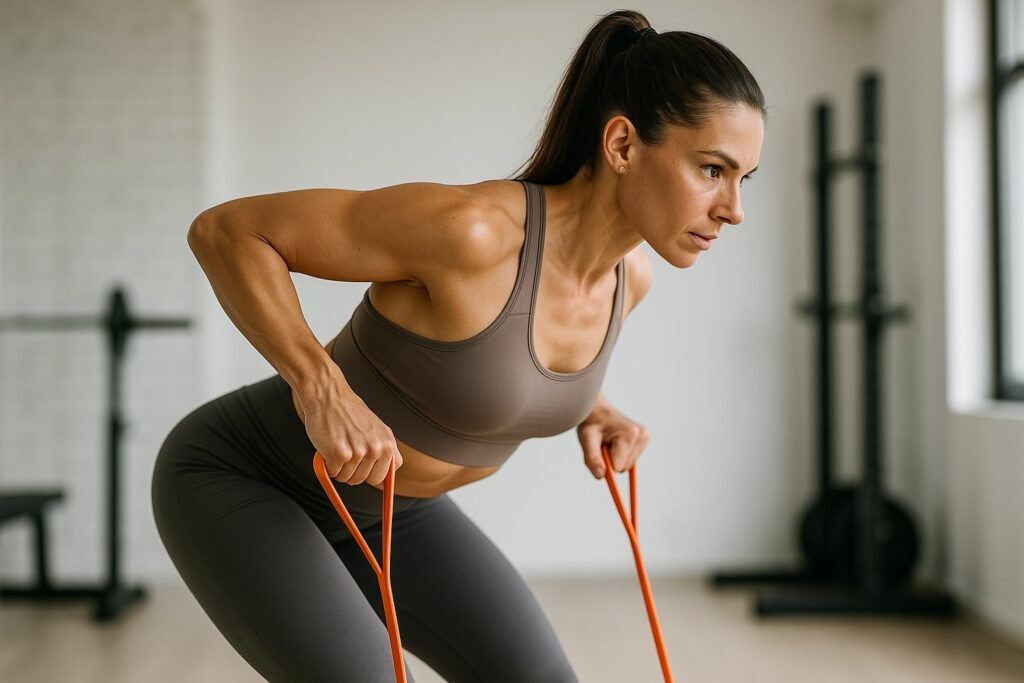 woman doing Bent-Over Row exercise with Resistance Band