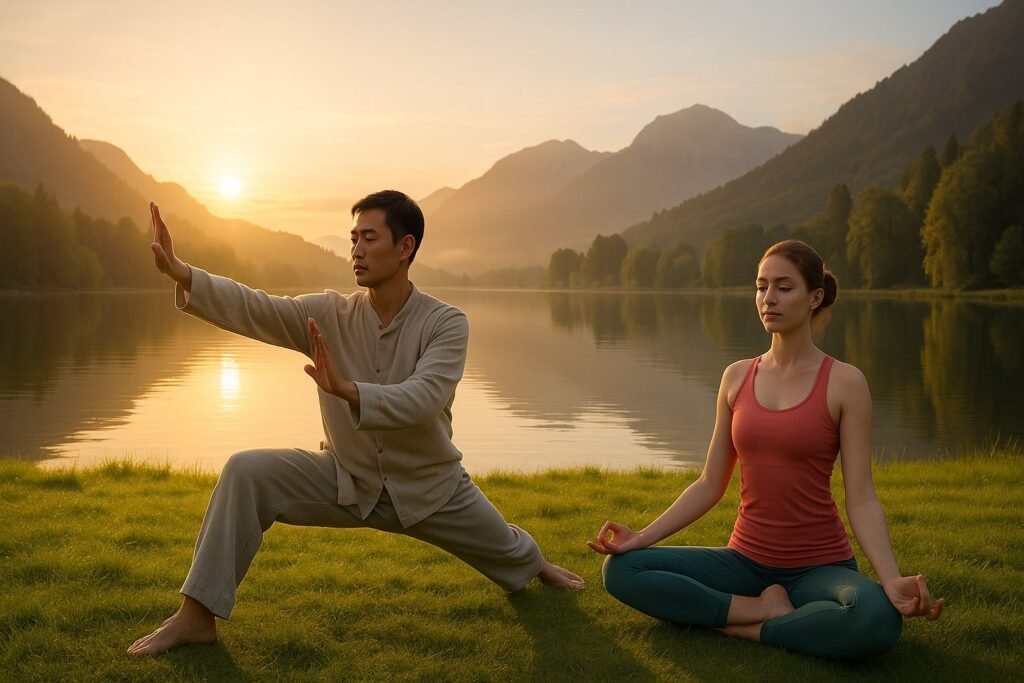 Two people practicing Tai Chi and Yoga outdoors on grass near a lake with mountains in the background during sunrise.