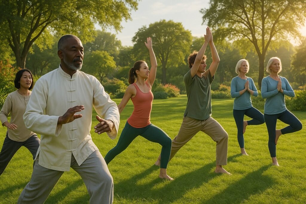 A diverse group of people practicing Tai Chi and Yoga outdoors in a peaceful park during early morning.