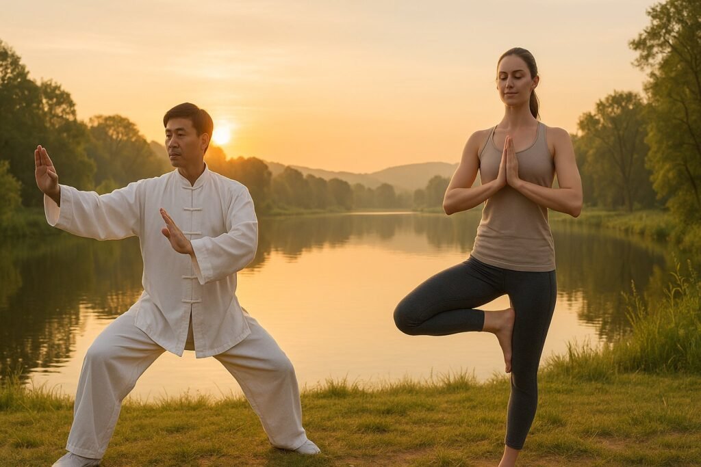 Two people practicing Tai Chi and Yoga outdoors