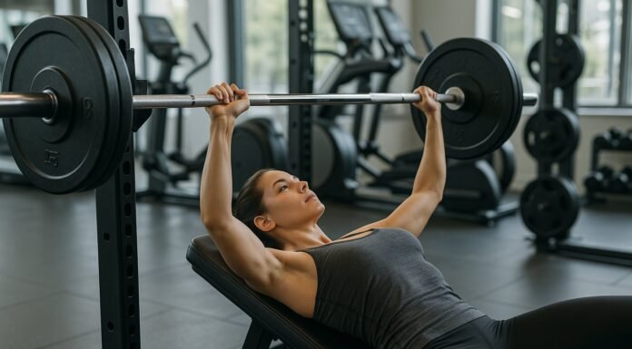 How to Tone Chest Muscles Naturally A woman bench pressing a barbell