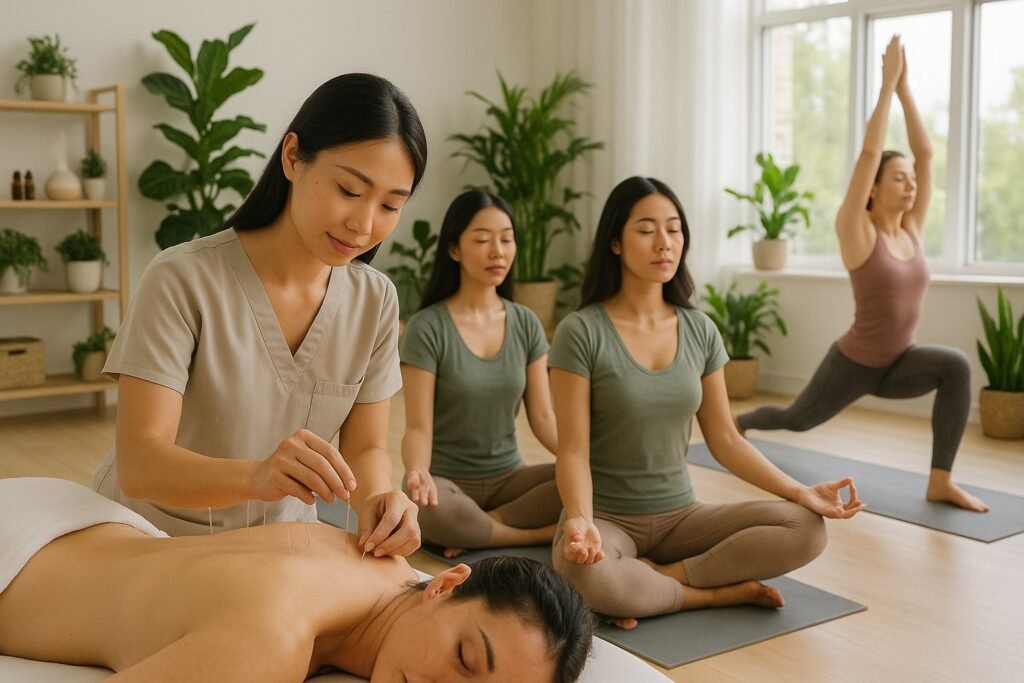 A group of people practicing holistic healing methods including acupuncture, meditation, aromatherapy, and yoga in a bright wellness studio with plants and natural light.